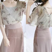 Anicent китайский традиционный костюм для женщин уличная народная танцевальная одежда цветочный принт элегантный шифон Топ Юбка наборы ханфу