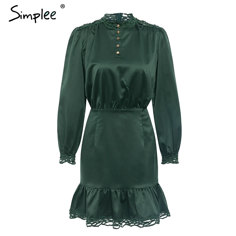 Simplee Vintage lace hem ruffled women dress Long sleeve stand neck mini ladies dresses High waist female autumn dress vestidos