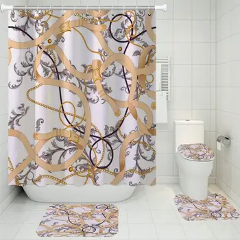 

Classic Pattern 3D Printed Shower Curtain Set Non-slip Rugs Bath Mat Toilet Lid Cover Bathroom Accessory Set with 12 Hooks