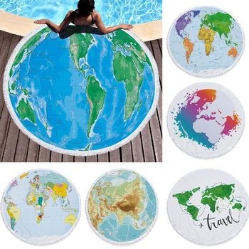 

Map Earth Tassel Microfiber Print Round Beach Towel Picnic Blanket Yoga Mat Beach Mat Super Large 150x140cm