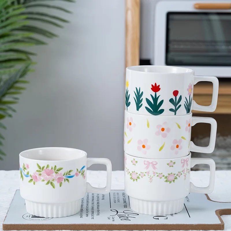 1Pcs Korean Style Flower Printed Ceramic Mugs Creative Breakfast Milk Tea Cereal Cup Home Office Cafe Coffee Mug Drinkware 350ML
