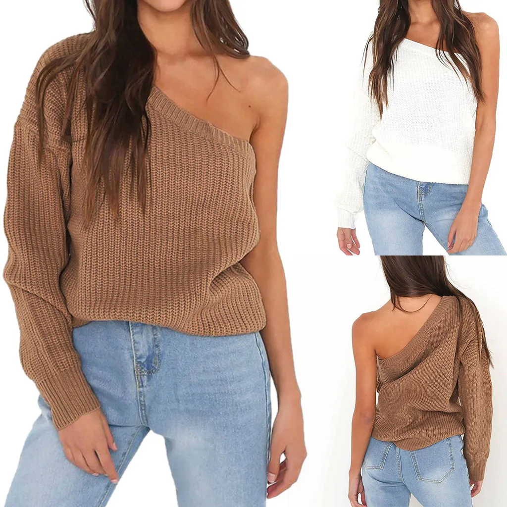 

Hsu 828 Hot Sales Big Promotion Lady Long Sleeve Single Shoulder Casual Button Solid Bandag Loose Knit Sweater for Ladies Women