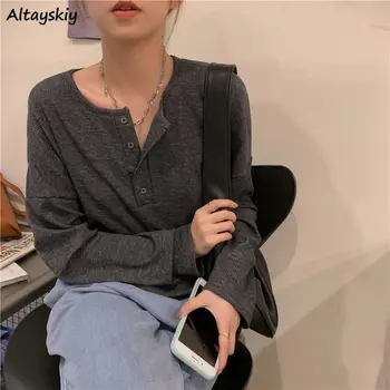 Long Sleeve T-shirts Women Elegant Simple Pure Button Design Retro Ins Autumn Ladies Tees Top All-match BF Style Mujer Clothes