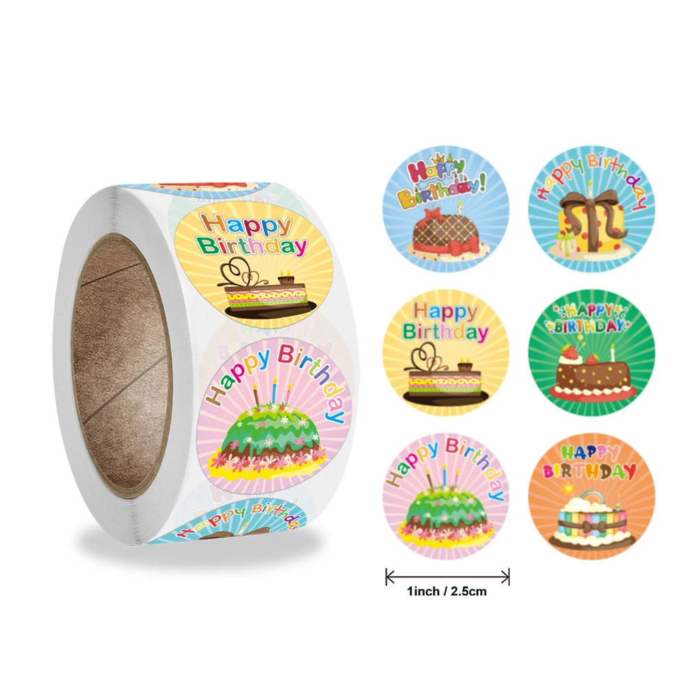 500pcs/roll 2.5cm Happy Birthday Cute Cake Stickers Children Party Birthday Decorations Gift Baking Wraaping Labels