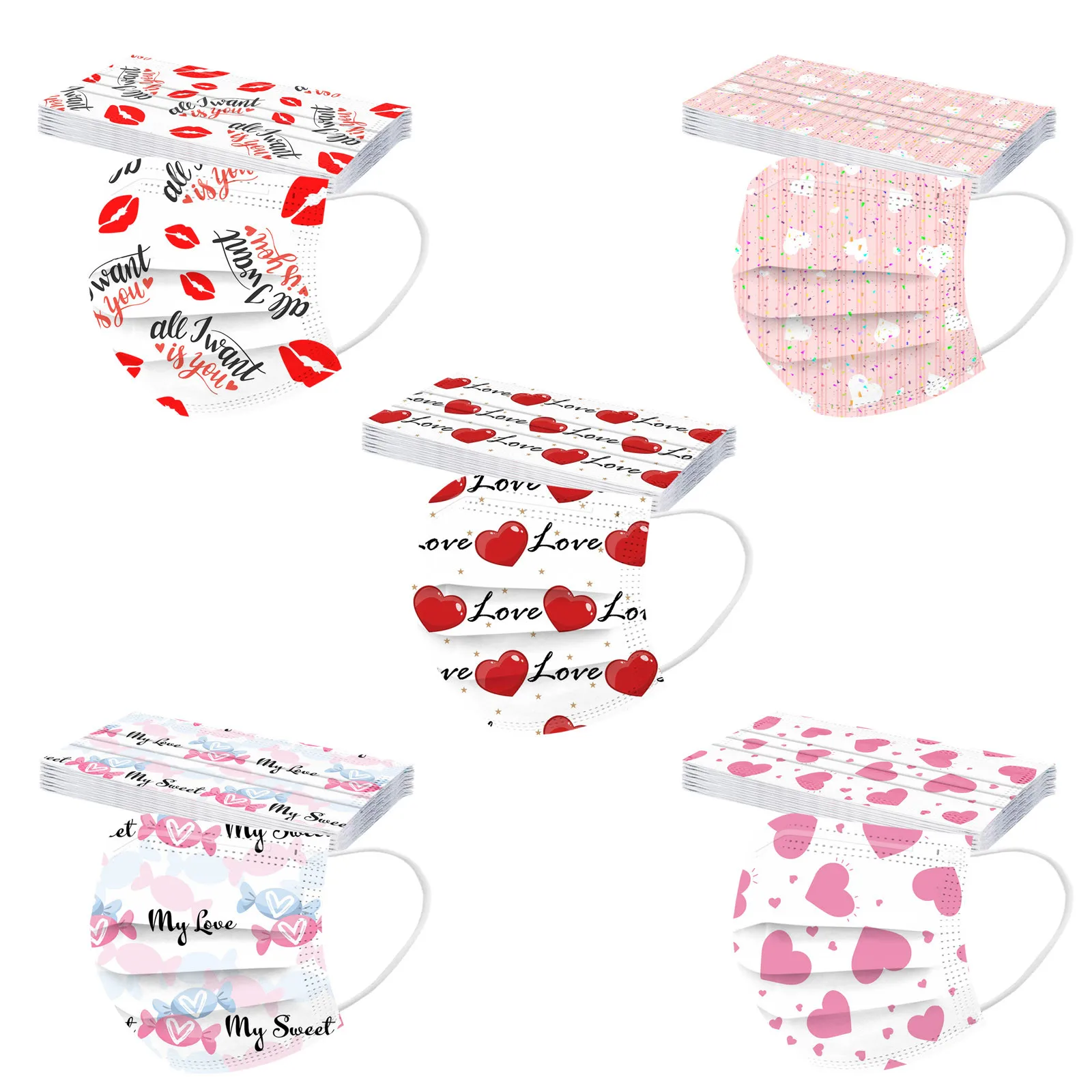 10/50pcs Valentine's Day Disposable Face Mask For Adult Heart Print Masks Sweet Couple Non Woven 3Ply Filter Earloops Mouth Mask 2