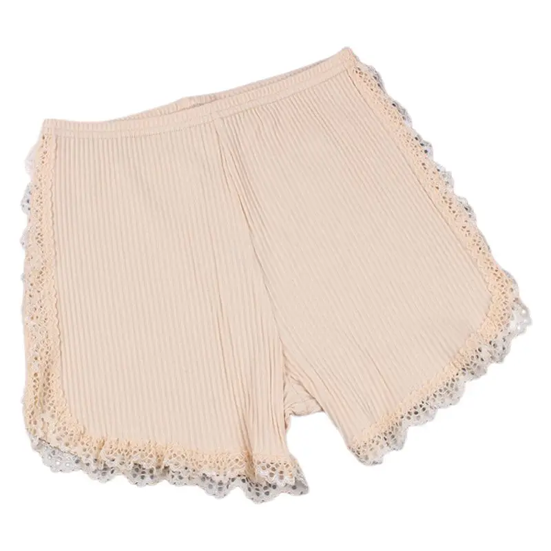 Nude-XL Женские трикотажные шорты в рубчик для девочек, однотонные бесшовные тянущиеся леггинсы с кружевной отделкой - Цвет: Nude-XL