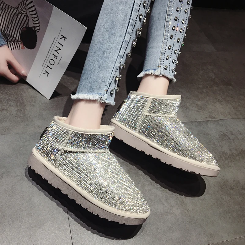 

Silver Crystal Brand snow boots women thick bottom winter warm botas mujer 2019 fashion ankle boots shiny rhinestones shoes