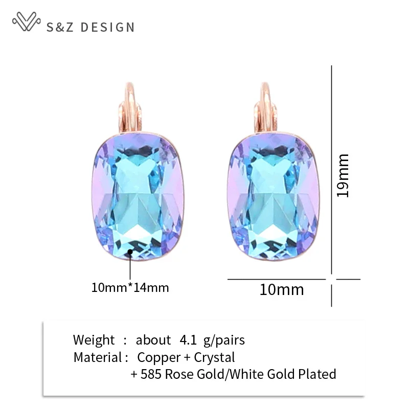 S&Z DESIGN Elegant 585 Rose Gold Color Square Crystal Dangle Earrings For Women Wedding Party Fashion Jewelry