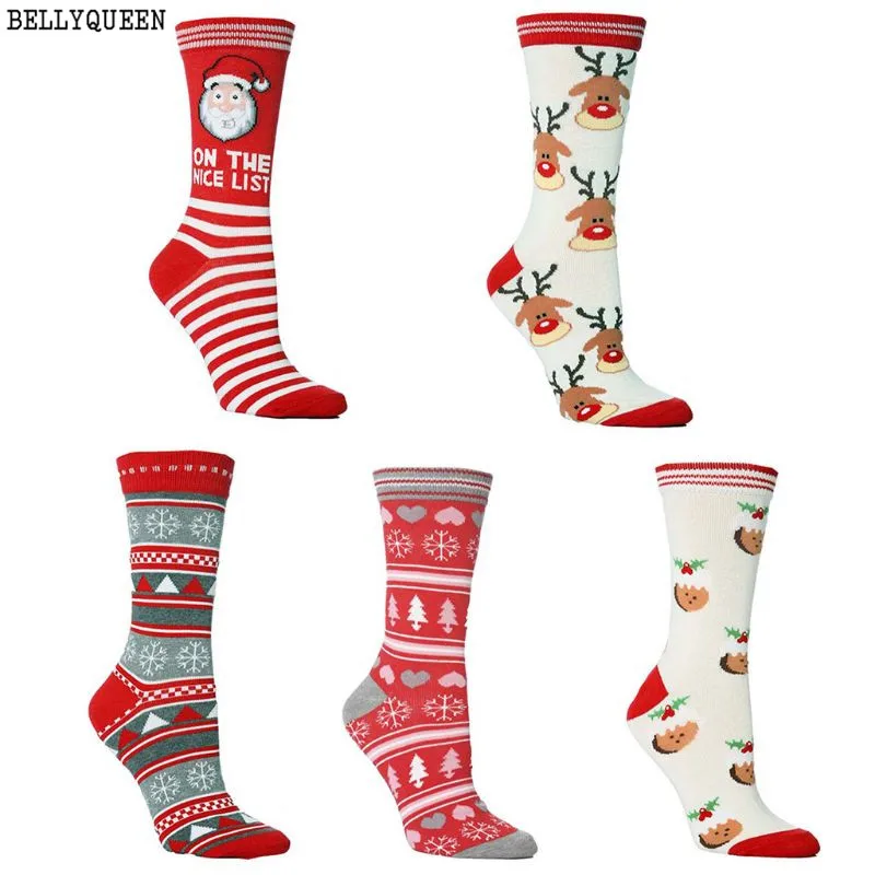 

Novelty Men Women Christmas Gift Long Crew Socks Cute Santa Elk Xmas Tree Geometric Stripes Jacquard Printed Soft Cotton Hosiery