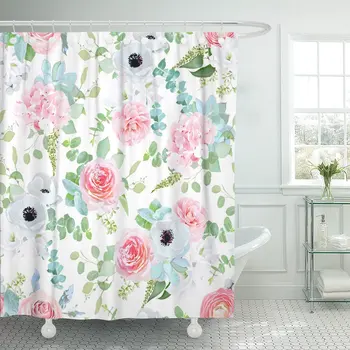 

Delicate Pink Rose Camellia Anemone Hydrangea Blue Succulents Peony White Freesia Silverberry Mint Shower Curtains Waterproof