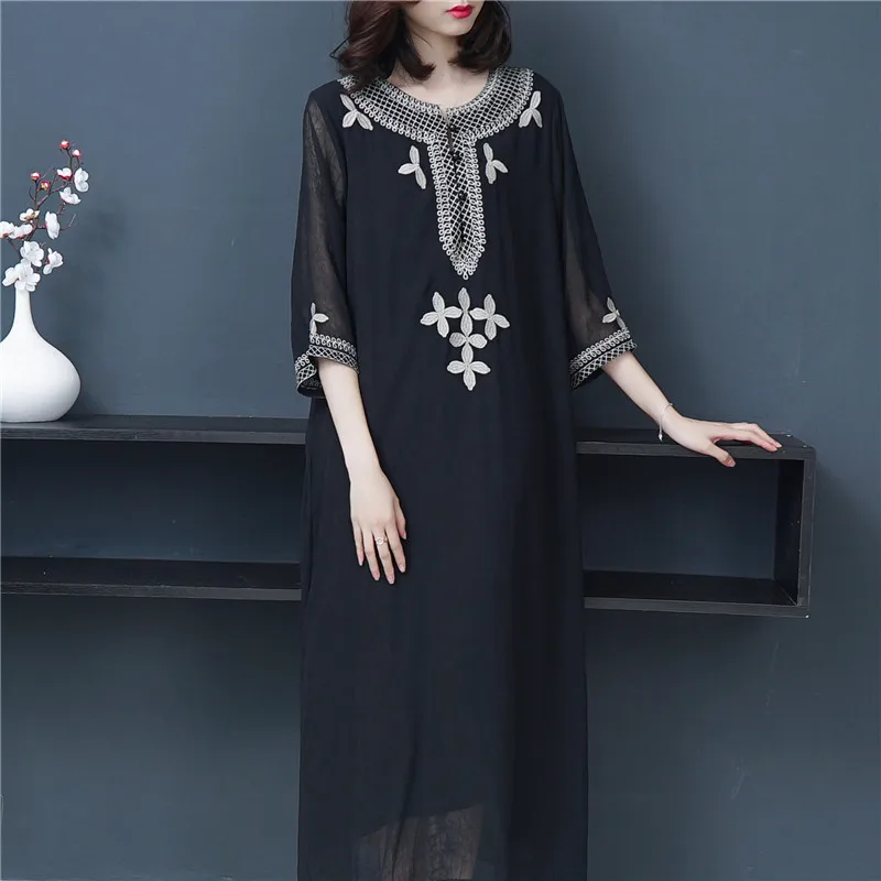 

2019 Summer New Retro Literature And Art Embroidery Mid-length Improved Daily Life Cheongsam Ethnic-Style Slim Dress