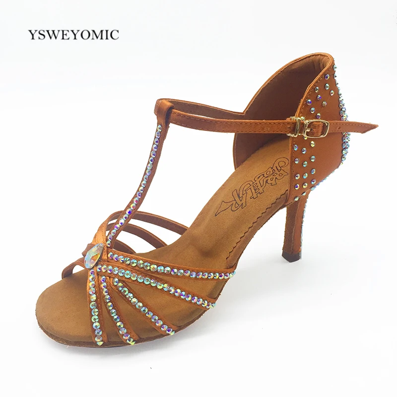Latin Dancing shoes Women Soft Outsole Tan color 8.5cm slim high heel Rhinestones Latin Bachata Salsa Dance Shoes for Girls  013