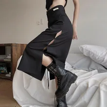 

2021 New Gothic Women Midi Skirt 2021 Summer Office Ladies Casual Sexy Split Hollow Out Goth Skirts Black Streetwear High Waist