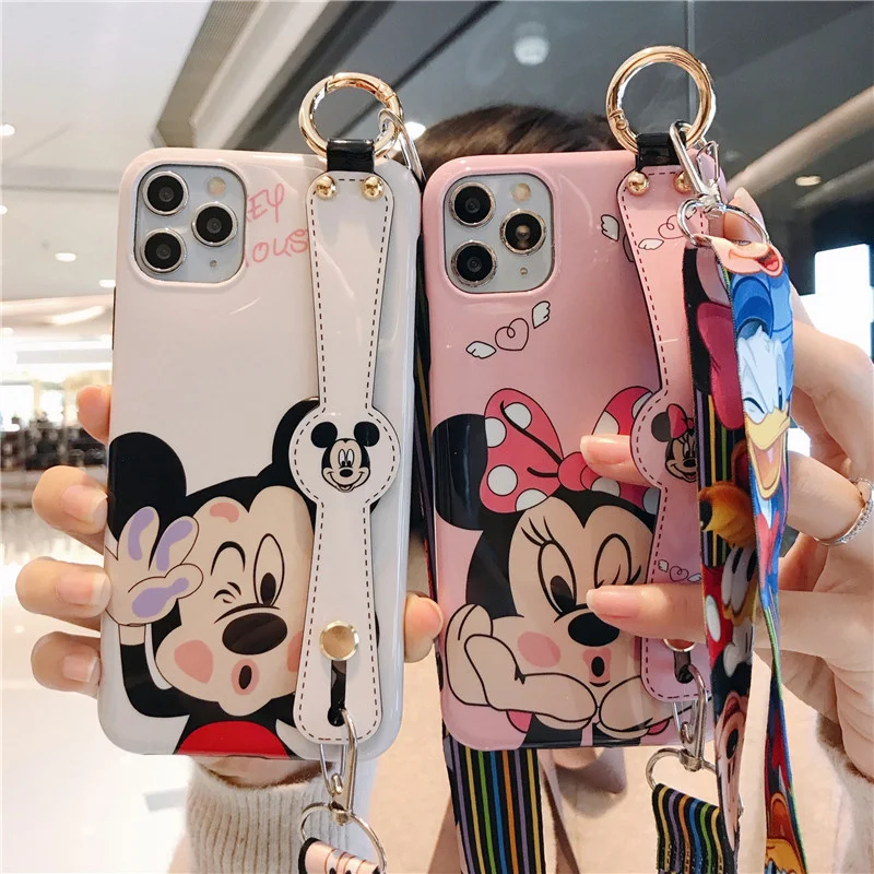 Disney Cartoon Mickey Minnie Mouse Daisy Donald Duck Wrist Strap Lanyard Phone Case For IPhone 12 Pro Max 11 7 8 Plus X XR SE XS