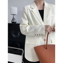 Blazer Beige bordado con puños para mujer, abrigo holgado con hombreras, traje elegante informal, primavera y otoño, 2021
