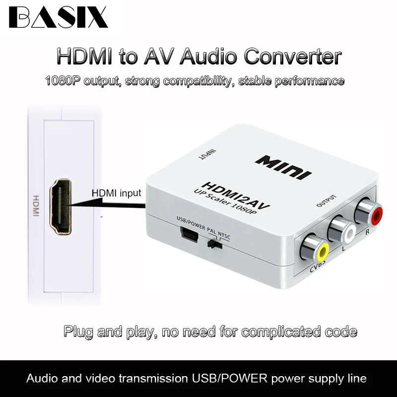 Basix HDMI в AV адаптер 1080P видео конвертер HDMI2AV адаптер конвертер коробка поддержка NTSC PAL выход HDMI в AV кабель адаптер