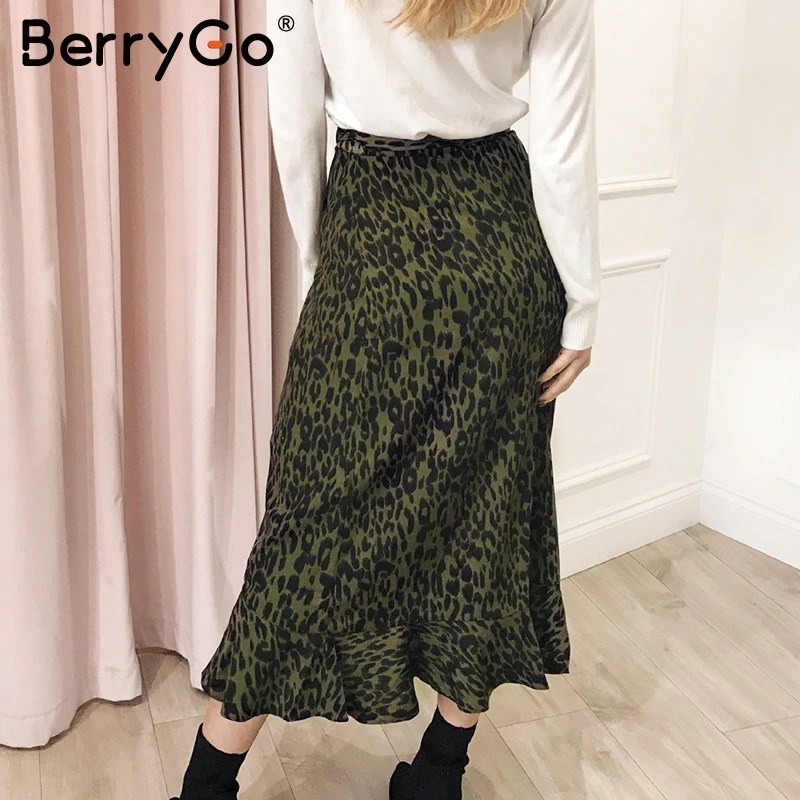 BerryGo элегантный Леопардовый принт Женская Макси юбка с боковым галстуком-бабочкой осенние женские юбки высокая Талия гофрированная Асимметричная Женская длинная юбка
