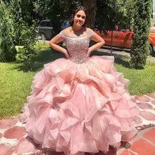 Розовые Бальные платья без бретелек с блестками и кристаллами, многоуровневые оборки из органзы, очаровательные свадебные вечерние платья