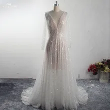 RSW1539 Роскошные свадебные платья с бисером и блестками с иллюзией с длинными рукавами с v-образным вырезом на открытом воздухе пляжное свадебное платье