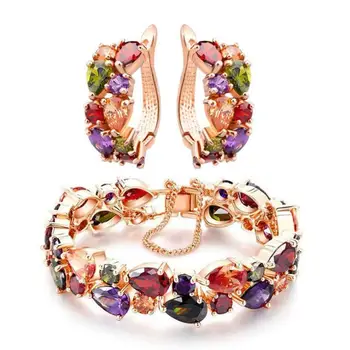 

Hot Sale Rose Gold Color Jewelry Sets for Bride Mona Lisa Multicolor Bracelet Earrings Zircon Wedding Jewelry Sets Wholesale