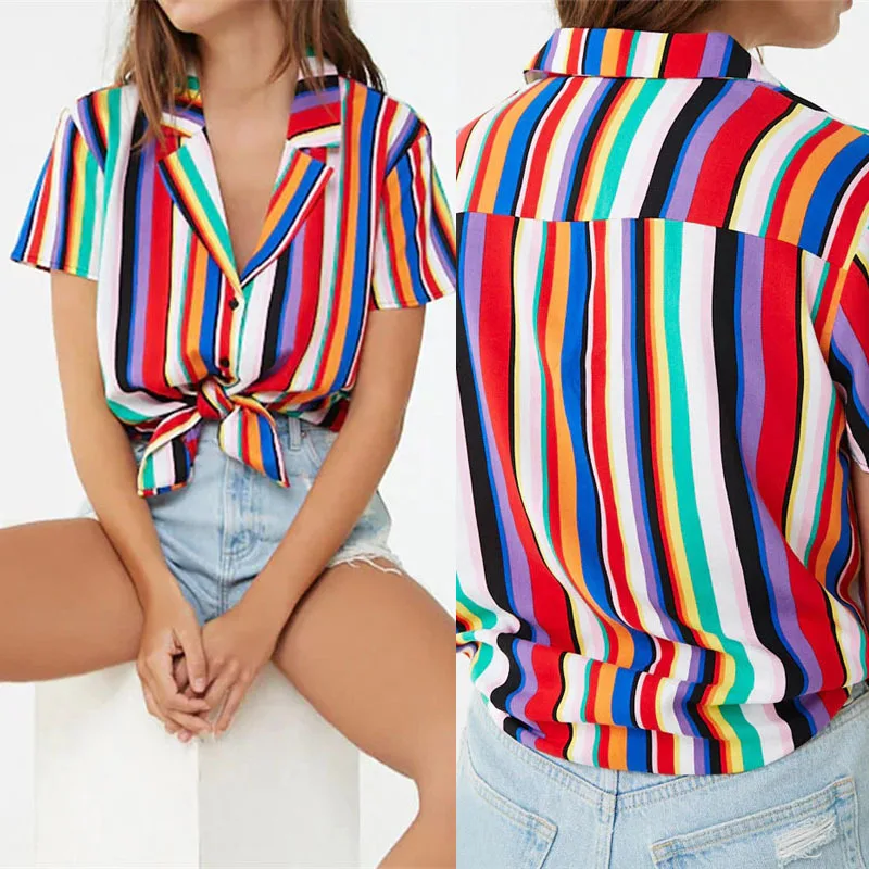 

Womens Tops and Blouses V-neck Color Stripe Printed Short-sleeved Chiffon Shirt Streetwear Plus Size Casual Chiffon Korean Top