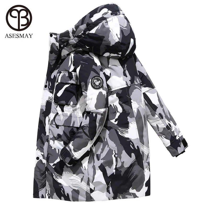 

Asesmay Brand 2019 Men's White Down Jacket Winter Hood Coat Multi-pocket Military Tracksuit Thick Warm Male Goose Feather Parka