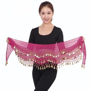 

3 Rows 128 Gold Coins Belly Dance Costume Hip Scarf Skirt Belt Wrap Waist Chain Colorful Chiffon 150x20cm Scarfs Skirt Hip