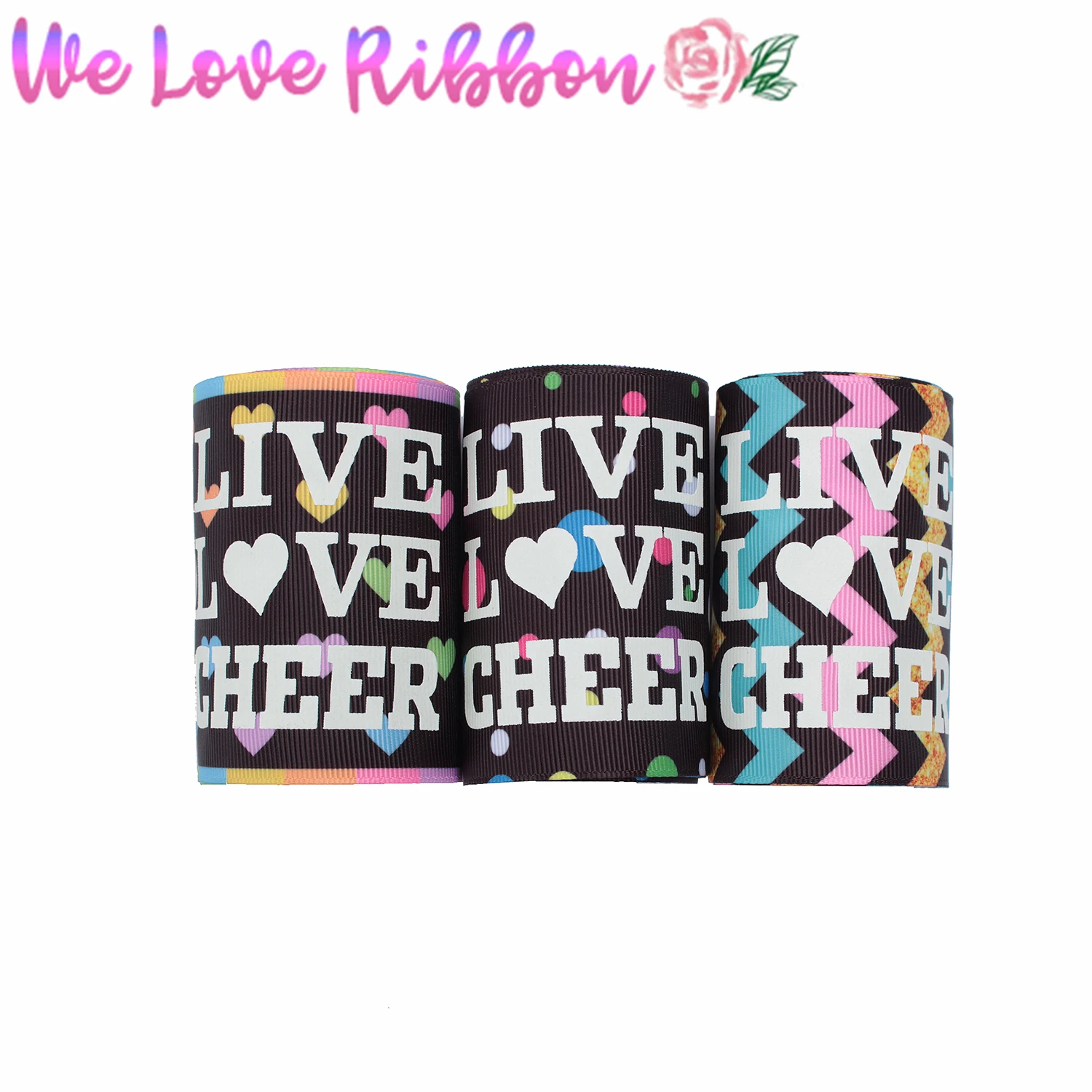 3&quot75mm &quotLive Love Cheer&quot White Ink Printing Glow in the Dark Wave Heart Dots Printed Grosgrain Ribbon DIY Hair Band 50yards/roll | Дом