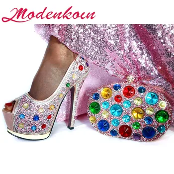 

Modenkoin 2020 Italian Matching Shoes and Bag Set Pink Color Italy Shoe and Bag Set Decorated with Rhinestone African Women