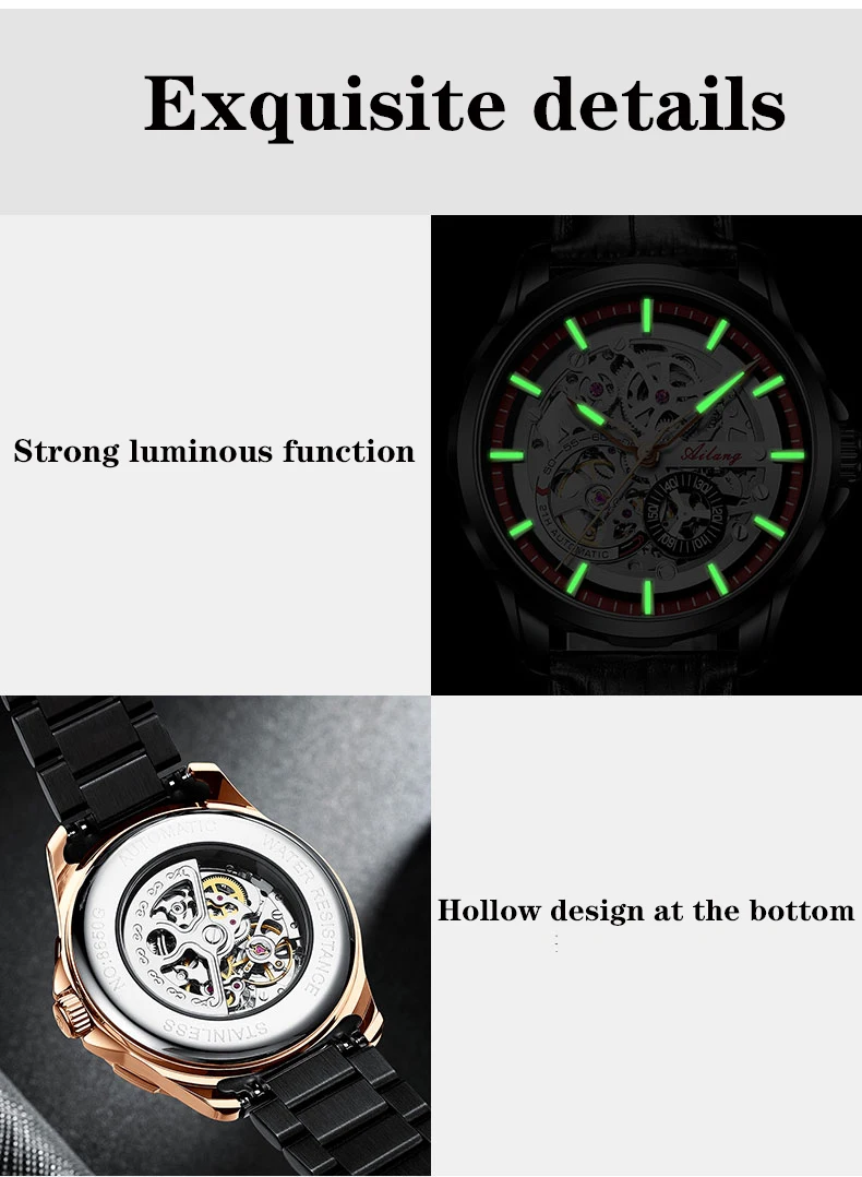 AILANG Herren Retro-Sportuhr mit großem Zifferblatt, Tourbillon-Hohldesign, wasserdicht, automatische mechanische Uhr, Metallarmband – Detail 13