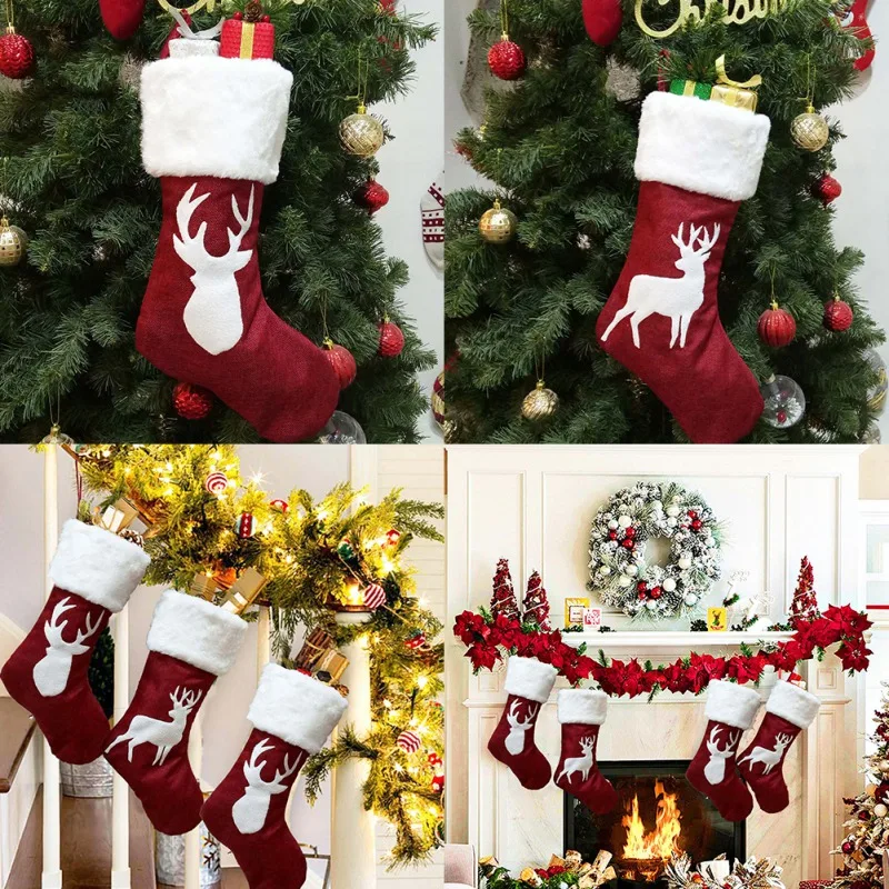 Классические рождественские чулки красного и белого цвета, Подарочная сумка конфет, подвесные рождественские украшения, украшение для