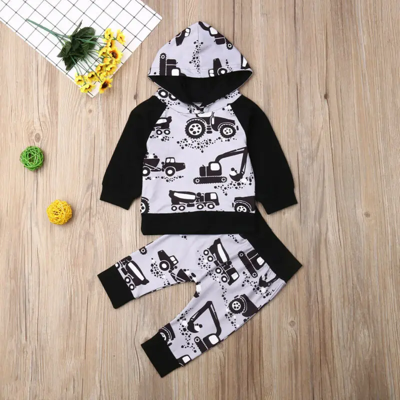 2PCS Newborn Toddler Baby Autumn Outfits Boy Clothes Car Print Hooded Sweatshirt Long Sleeve Tops Pants Set