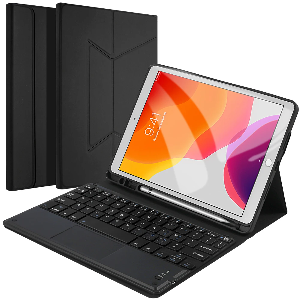 French Keyboard Для iPad 10,2 Touch Bluetooth испанская клавиатура+ черный кожаный чехол, защитный чехол для планшета, Противоударная сумка с защитой от царапин - Цвет: French Keyboard