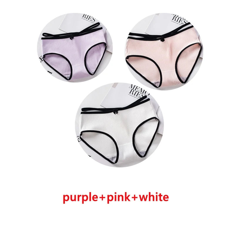 3 шт./набор, японское Полосатое хлопковое сексуальное женское нижнее белье, хлопковые трусы, одноцветные трусы с низкой талией для девочек - Цвет: pink white purple