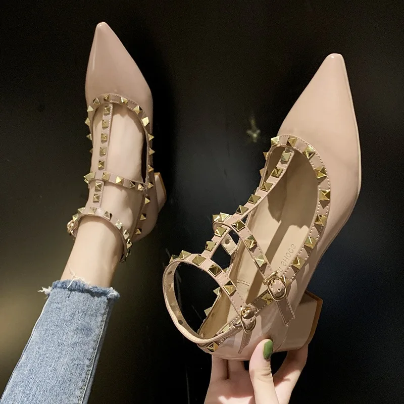

Online Celebrity Single Shoes Women's 2019 Pointed-Toe Rivet Korean-style Versatile Low-Cut Autumn New Style Semi-high Heeled Ch
