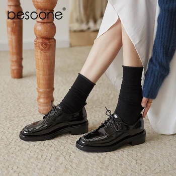 

BESCONE Casual Women' s Flats Cross-Tied Lace-Up High Quality Cow Leather Square Toe Sewing Decoration Shoes Fashion Flats BO544