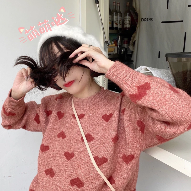 Осень-зима Kawaii «любящее сердце» свитер с принтом женская обувь в Корейском стиле с милым молодая девушка, студентка Свободный пуловер элегантный дизайн