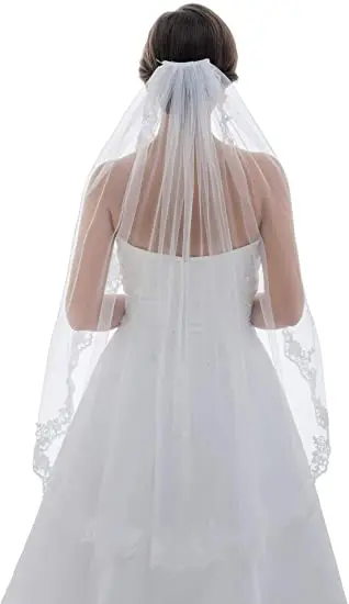Fancy Newly Designed  1T 1 Tier Floral Pattern Lace Edge Bridal Wedding Veil Fingertip Length