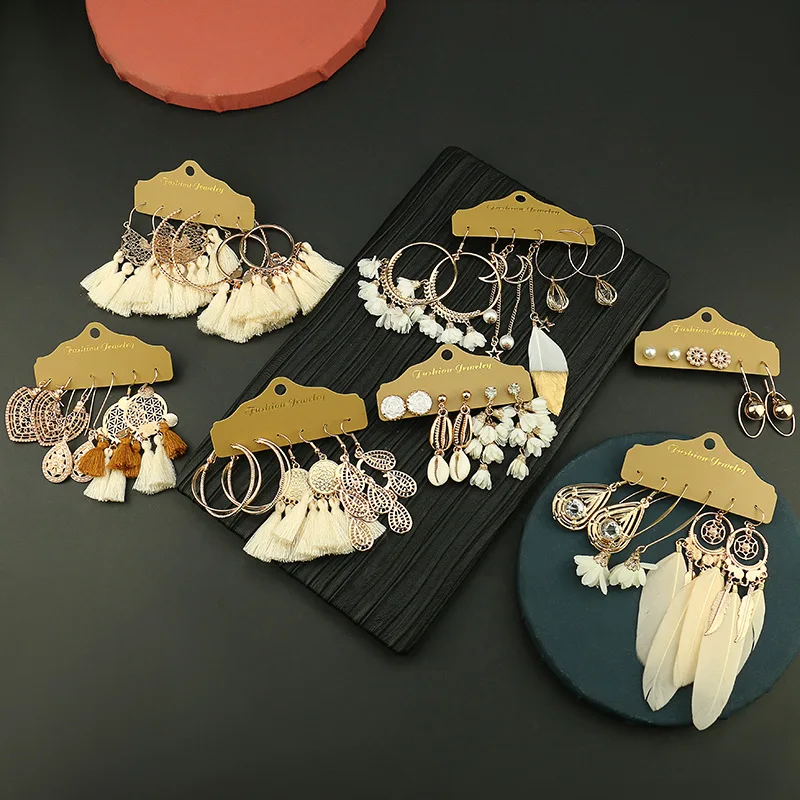 

Exknl 3 pairs Fashion Women long Drop Earrings Set White Gold color Vintage Moon Star Flower Feather Tassel Earrings Jewelry