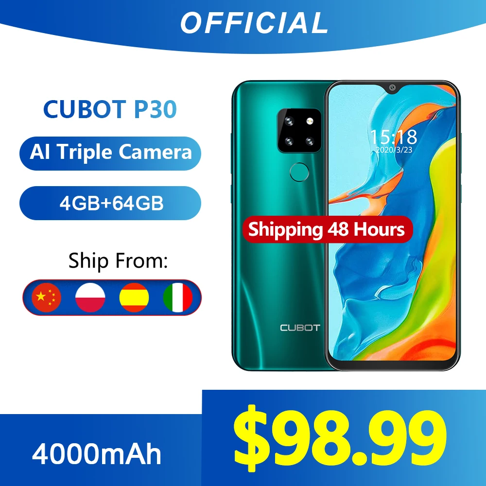  Смартфон Cubot P30 6,3 "экран капли воды FHD+ 2340x1080p 4 Гб RAM + 64 ГБ ROM Памяти Android 9,0 Pie Система Helio P23 Телефон SONY AI задние тройные камеры Поддержка Рас…