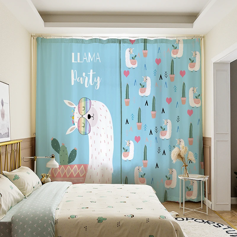 

Custom Window Curtain Drape Hangings for Nursery Kids Children Living Room Bedroom Alpaca Cactus Blue