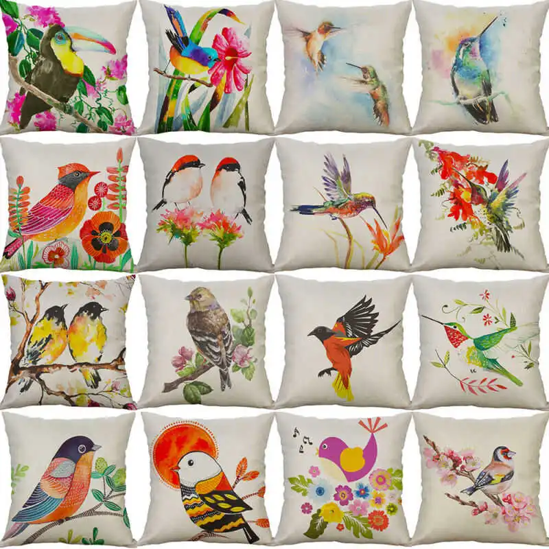 

18'' Case Linen Pillow Cover Bird Cushion Cotton Decor Home Fashion Print Sofa