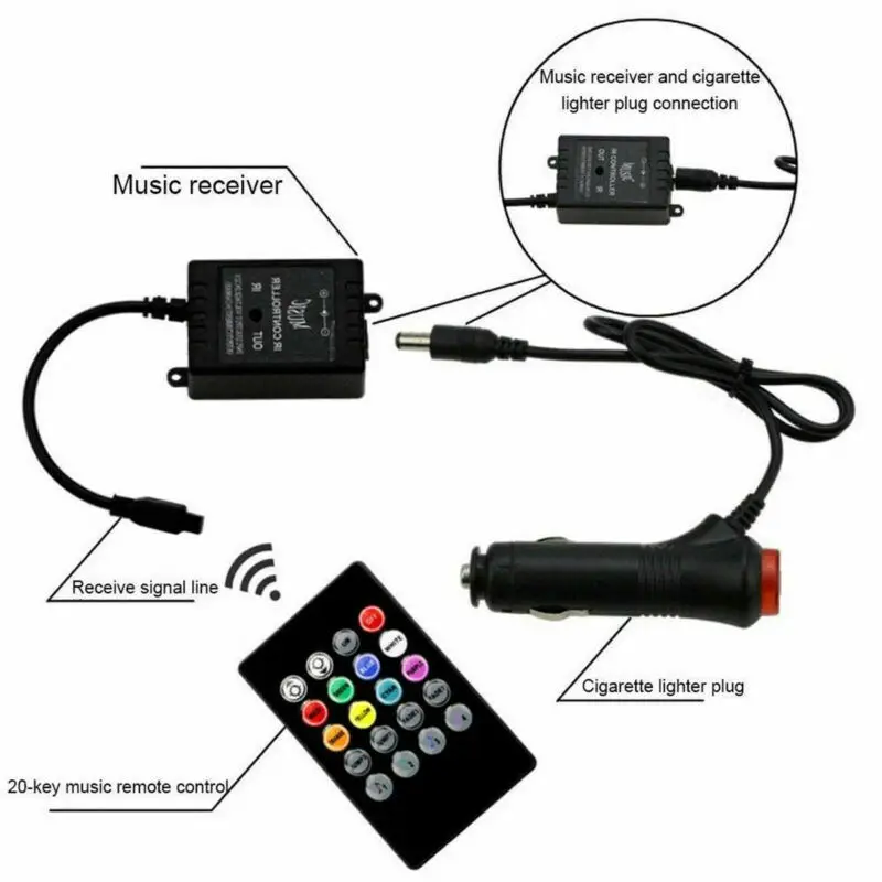 RGB светодиодный неоновый светильник с музыкальным пультом дистанционного управления для освещения салона автомобиля DC 12V