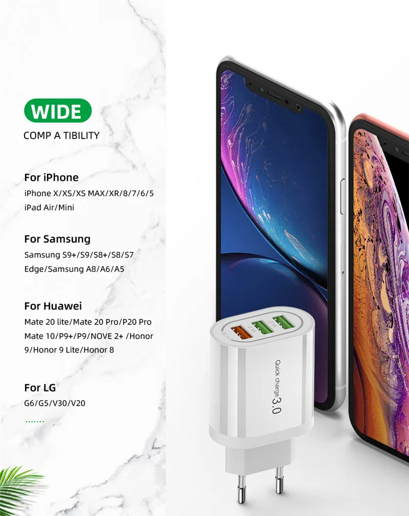 18 Вт Быстрая зарядка 3,0 USB зарядное устройство 3 порта QC3.0 Быстрая зарядка настенное зарядное устройство адаптер для iPhone 11 11Pro Max samsung S10 huawei P30