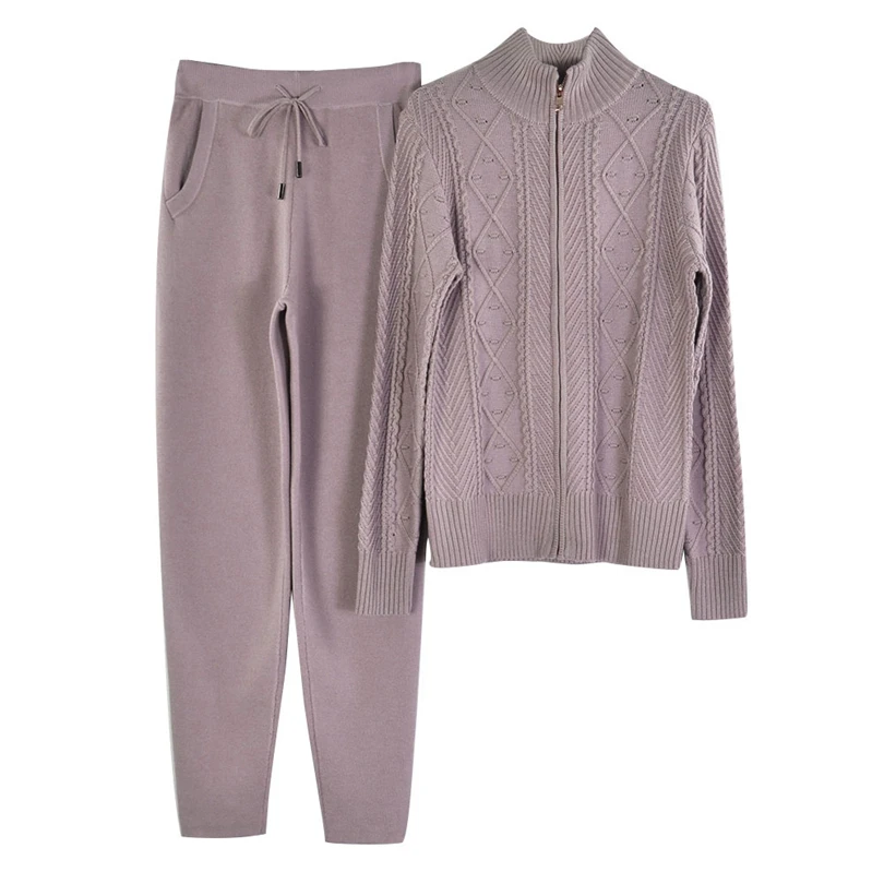 Light purple Мягкий теплый шерстяной костюм женское плотное вязаное платье витой кардиган на молнии повседневный костюм из 2 предметов Спортивная одежда для женщин - Цвет: Light purple