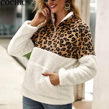 

Women Autumn Warm Fleece leopard print pullover stitching half-open Zipper top Pocket plush Sweatshirts