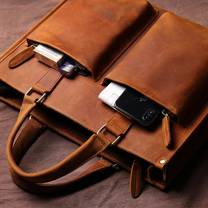 ZRCX Vintage Man Handbag Briefcase Men Shoulder Crazy Horse Genuine Leather Bags Brown Business Fashion 16 Inch Laptop Bag leather briefcase
