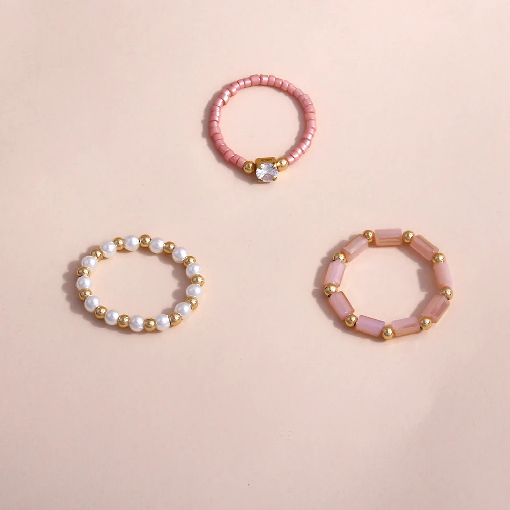 3PCS Simple Simulated Pearl Ring Set Bohemian Jewelry Multicolor Resin Bead Elastic Rings For Women Bridal Party Gift