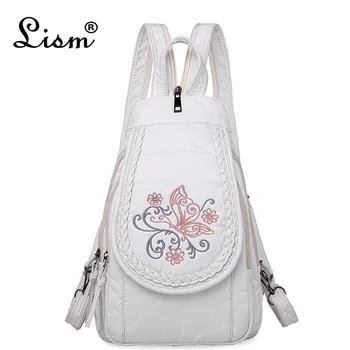 

Butterfly Embroidery Sheepskin Women Backpack 3 in 1 Soft Genuine Leather Chest Bag For Mother Ladies Large Capacity Bagpack