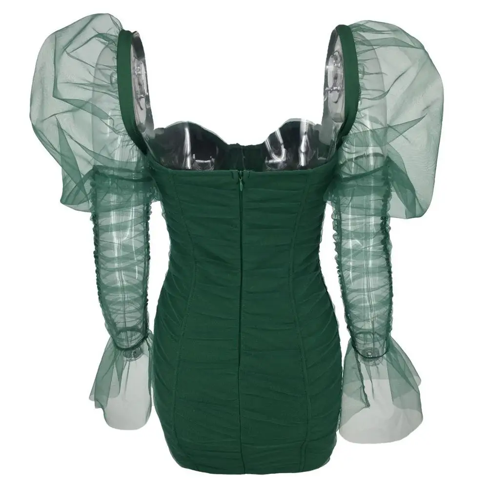 Винтажное кружевное женское платье LUZUZI с длинным рукавом фонариком зеленое